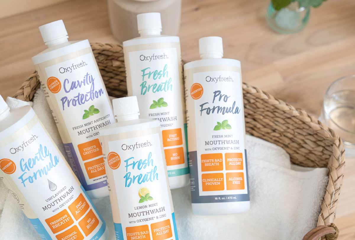 Basket full of oxyfresh alcohol-free stabalized chlorine dioxide toothpaste